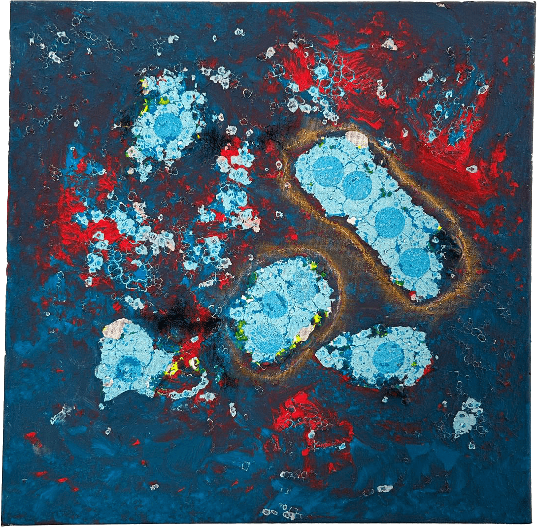Pintura quadrada abstrata ''. Sobre um fundo azul escuro profundo e texturado, flutuam formas orgânicas e celulares em azul-claro, cada uma contendo pequenos círculos no seu interior que lembram núcleos. Estas formas centrais são contornadas por um halo castanho-dourado. Ao redor destes aglomerados, espalham-se manchas intensas de vermelho vibrante e pequenos salpicos brancos, criando a ilusão de um cosmos ou oceano primordial em efervescência.