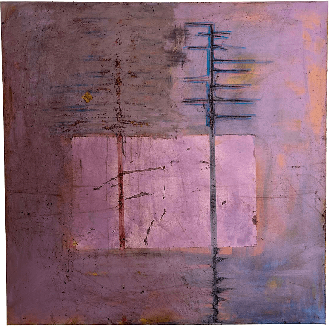 Pintura quadrada abstrata de técnica mista. Campos texturados de rosa-pálido na base e cinza desgastado acima, divididos por uma linha vermelha horizontal áspera. No campo cinza superior, erguem-se estruturas arquitetónicas simbólicas turquesa e coral com uma grelha de pequenos quadrados escuros. Acima, traços pretos formam um arco esquemático. No canto superior direito do campo cinza, brilha um único ponto dourado metálico.