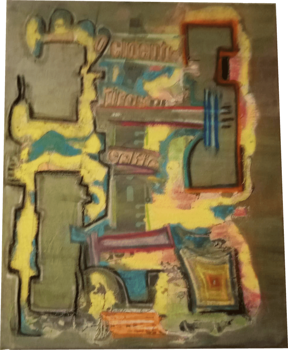 Pintura vertical de técnica mista e colagem. Sobre um fundo verde-oliva lúgubre e texturado, erguem-se formas arquitetónicas e geométricas fragmentadas que sugerem ruínas modernas em colapso. A composição é dominada por blocos de amarelo vibrante, turquesa e vermelho que parecem desmoronar-se, interligados por linhas pretas nervosas e sobreposições de papel. À direita, destaca-se uma estrutura retangular com contornos cor de fogo, enquanto na base surgem retalhos de cor e grafismos que evocam uma identidade cultural desfeita. A obra funciona como um espelho crítico e melancólico, transformando a ideia de uma 'selfie' ocidental num grito visual de desorientação e fragmentação ontológica.