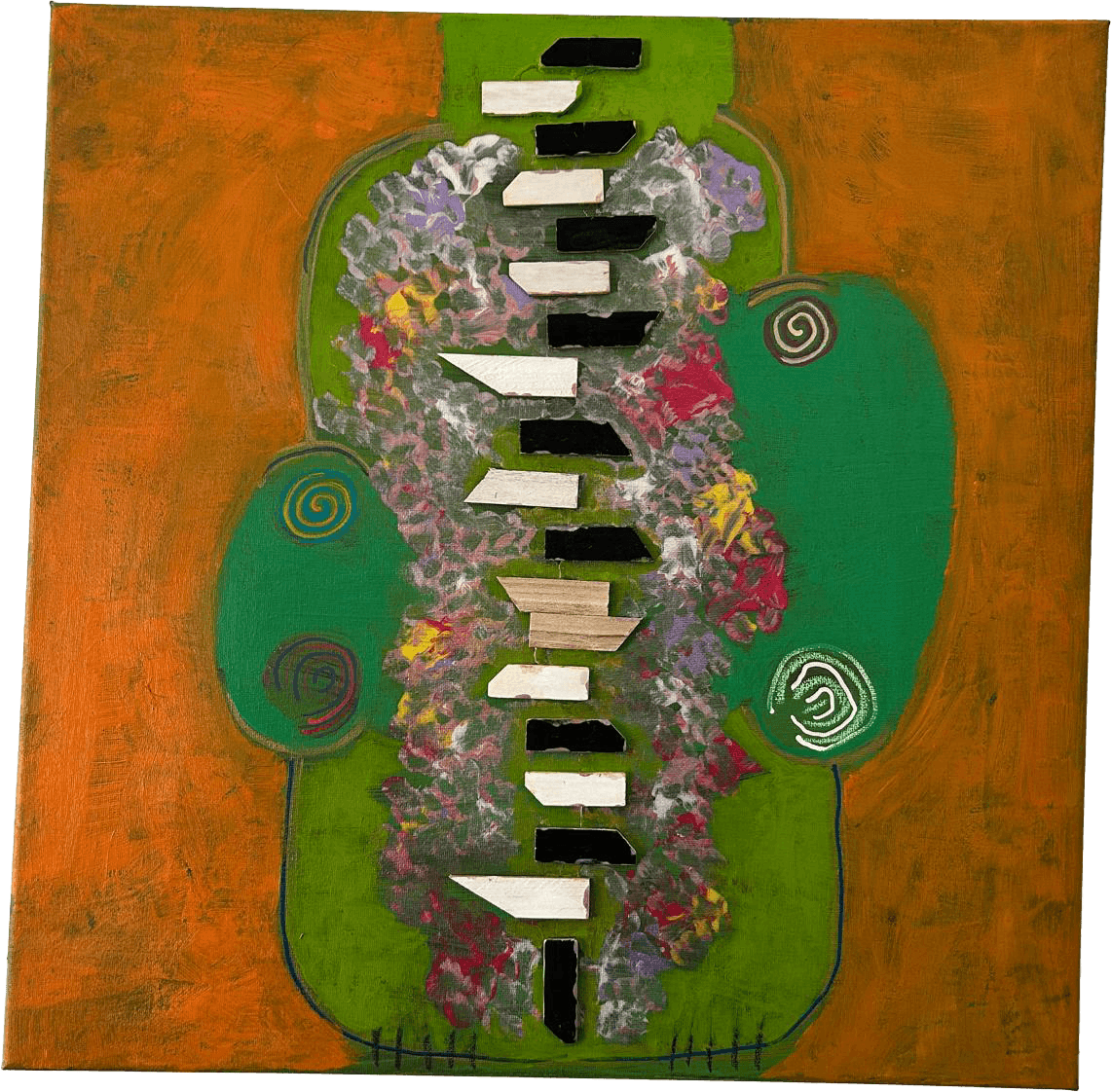 Pintura quadrada de técnica mista e colagem, sobre um fundo laranja-avermelhado texturado que evoca a cor do devir. No centro, uma grande forma orgânica verde-alface domina a composição, sugerindo um núcleo vital ou um jardim interior. Ao longo do eixo vertical desta forma, estão alinhados pequenos retângulos de papel colados em preto e branco, dispostos como teclas ou vértebras que marcam o ritmo do eterno retorno. Ao redor deste eixo, manchas vibrantes de rosa, roxo e amarelo misturam-se numa textura floral e caótica. Espirais desenhadas em tons de terra e branco pontuam as extremidades da forma verde, simbolizando o movimento cíclico e a repetição infinita da vida.