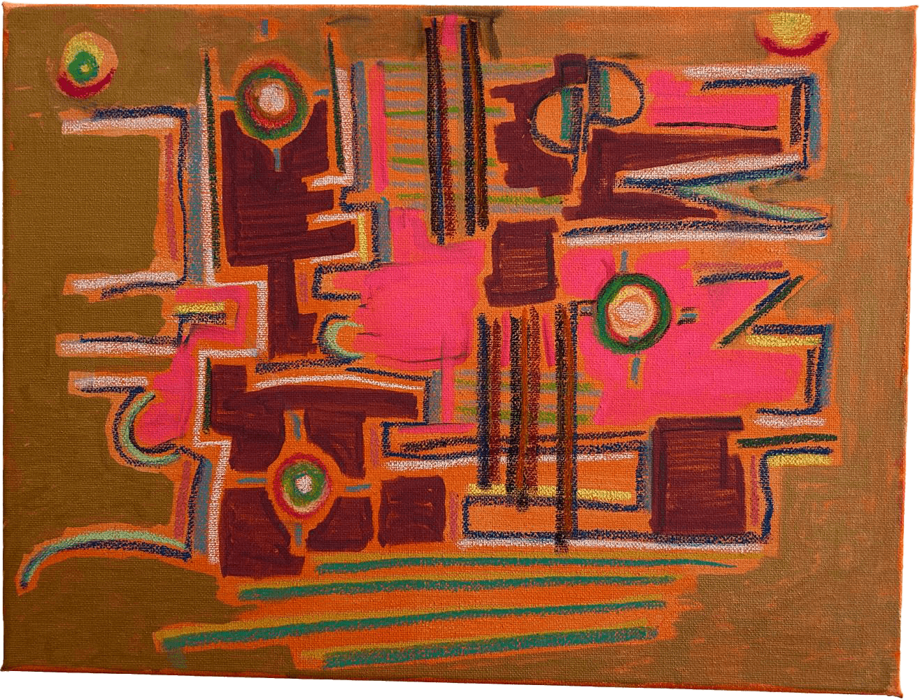 Pintura abstrata sobre um fundo texturado ocre escuro. A composição é um aglomerado esquemático e caótico de blocos retangulares e angulosos em castanho escuro e rosa choque berrante. Estes blocos são interligados e sobrepostos por um circuito de linhas laranjas, brancas e verdes. No meio desta estrutura em forma de 'fratura', destacam-se três círculos contendo pontos verdes ou laranjas, semelhantes a nós ou núcleos de energia.