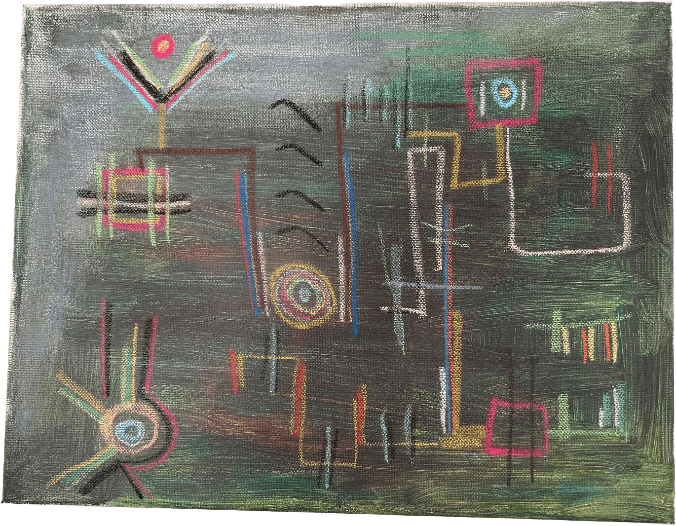 Pintura abstrata sobre um fundo escuro e texturado, em tons de verde e cinzento. A composição lembra um diagrama ou mapa esquemático, formado por linhas finas e formas geométricas — quadrados, círculos e traços — desenhadas em cores vibrantes como rosa choque, amarelo, azul-claro e branco. Destacam-se quadrados vermelhos contendo círculos concêntricos e uma forma em 'V' no canto superior esquerdo com um círculo vermelho no topo, como um pequeno sol.