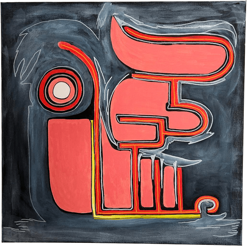Pintura abstrata com formas orgânicas num tom rosa-salmão, delimitadas por linhas vibrantes a vermelho e amarelo sobre um fundo cinzento escuro e texturado.