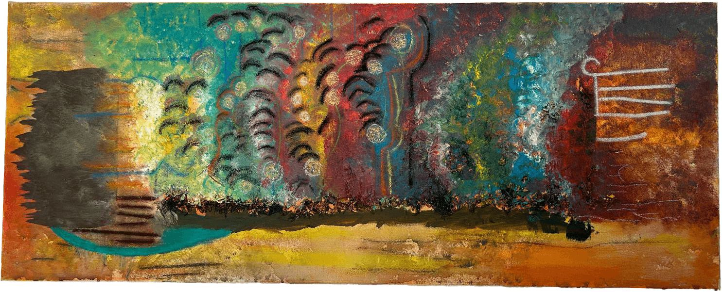 Pintura abstrata em formato panorâmico horizontal. A base da composição é uma faixa luminosa e texturada em tons de amarelo e laranja-ocre. Acima desta 'paisagem', o fundo transita entre manchas vibrantes de verde-esmeralda, azul, vermelho e roxo. Ao centro, uma série de pinceladas pretas arqueadas caem em cascata, assemelhando-se a silhuetas de ramos soltos ao vento. À esquerda, destaca-se um bloco escuro e denso sobre o fundo claro. À direita, sobre uma área rasgada em vermelho e castanho-fogo, flutua um símbolo esquemático desenhado a branco, composto por linhas horizontais e curvas. Toda a superfície apresenta uma textura espessa, riscada e expressiva.