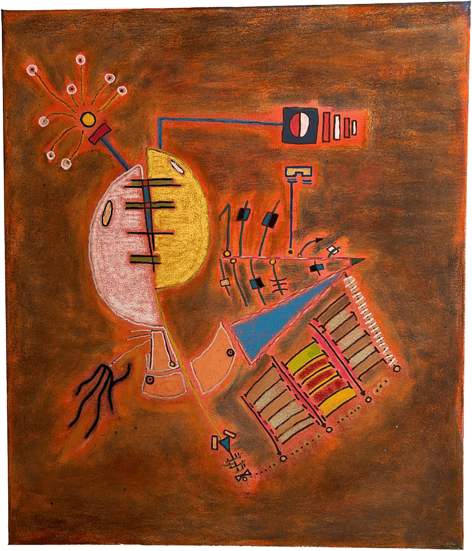 Pintura abstrata 'Verão Psiquiátrico' sobre fundo cor de ferrugem. Ao centro, uma forma oval dividida verticalmente em rosa e amarelo com costuras pretas, de onde sai uma haste com pontas brancas. Ao redor, flutuam um triângulo azul, grelhas retangulares e linhas de conexão esquemáticas.