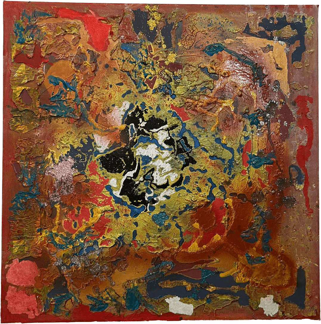 Pintura abstrata quadrada exibida num cavalete ao ar livre. A superfície é intensamente texturada e áspera, com espessas camadas de tinta em relevo. As bordas são dominadas por tons de vermelho terroso, que transitam para ondas de laranja e um amarelo vibrante no interior, salpicadas por manchas de azul e verde-azulado. No exato centro da composição, destaca-se uma massa negra e densa entrelaçada com toques de branco, funcionando como um núcleo do qual as restantes cores parecem explodir e rodopiar de forma caótica e orgânica.