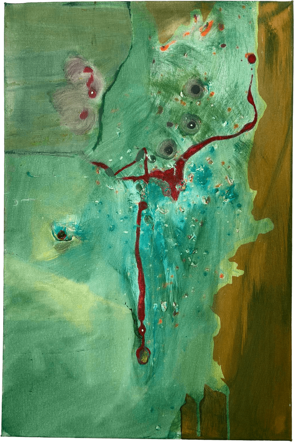 Pintura vertical de técnica mista, sobre um fundo verde-azulado quase líquido, com lavagens translúcidas que evocam uma matriz do silêncio. Sobre esta base, sobrepõe-se uma grande mancha vertical de vermelho intenso e matérico, que desce pelo centro da tela como um rasto de sangue ou um fio de vida. A mancha vermelha apresenta texturas variadas e escorridos que interagem com o fundo. Pequenas gotas e pontos vermelhos dispersos flutuam ao redor da forma central, criando um campo de energia que se expande. A obra encarna a cor como presença viva e força vibrante, que habita e sangra sobre a superfície, convidando à experiência sensorial da sua energia e vulnerabilidade.