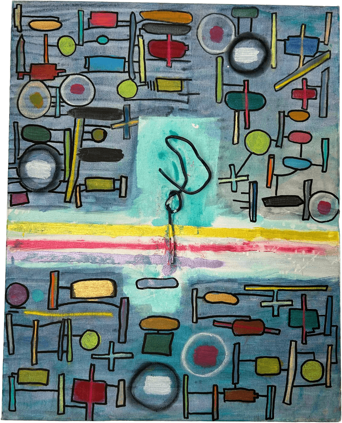 Pintura vertical de técnica mista, sobre um fundo azul-acinzentado texturado que evoca a eternidade. A composição é um intrincado sistema de sincronicidade, onde dezenas de formas geométricas coloridas — retângulos, círculos e cruzes em tons de vermelho, amarelo, azul e verde — povoam a tela, interligadas por uma rede de linhas finas pretas. No centro, uma faixa horizontal vibrante composta por linhas amarelas, rosas e lilases atravessa a obra, intersectada por um retângulo azul-claro luminoso que contém um grafismo linear negro e sinuoso. A obra funciona como um mapa de energias e conexões, onde a aparente dispersão das formas se revela como um élan vital e uma necessidade interior de união e pertença.