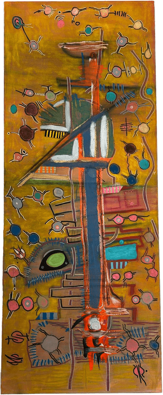 Pintura vertical de técnica mista '', sobre um fundo amarelo-dourado texturado. A composição assemelha-se a um diagrama onírico ou circuito biológico, com um eixo central azul e laranja de onde ramificam estruturas esquemáticas em verde, branco e castanho. Dezenas de pequenas formas circulares coloridas (rosa, azul, ocre), semelhantes a células ou notas musicais, povoam a tela, interligadas por linhas finas e irregulares. À esquerda, destaca-se uma forma orgânica cinzenta com um núcleo verde vibrante que evoca um olho. A obra captura o movimento pré-verbal da intuição através de uma rede densa de símbolos, ritmos e impulsos cromáticos.
