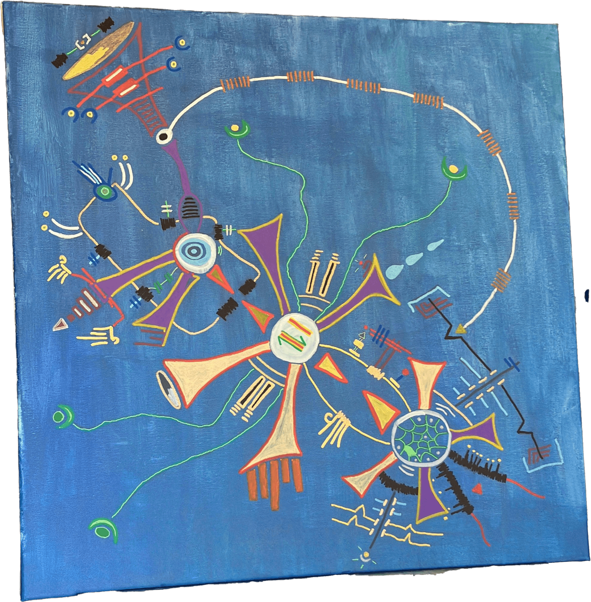 Pintura abstrata 'Ritual Cósmico' sobre fundo azul profundo. Formas geométricas radiantes em roxo, amarelo e laranja, que lembram satélites ou células, flutuam conectadas por linhas finas verdes e brancas. Um arco tracejado branco cruza a parte superior.