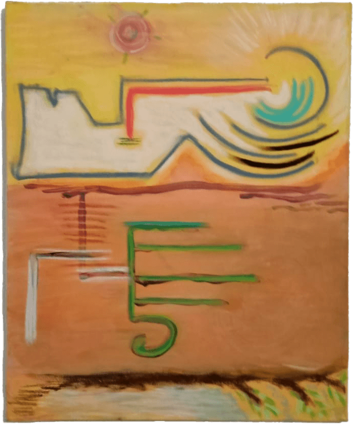 Pintura vertical de técnica mista '', sobre um fundo dividido horizontalmente em tons de amarelo-dourado no topo e ocre-rosado na base. No terço superior, uma linha de contorno preta e branca desenha uma silhueta angular que evoca o perfil de uma montanha, de onde brotam linhas curvas e coloridas sugerindo ondas e luz radiante em turquesa e amarelo. Um pequeno círculo vermelho, semelhante a um sol, flutua no topo. Na metade inferior, destacam-se marcas gestuais em verde que lembram uma estrutura glífica ou vegetal simplificada, acompanhadas por traços brancos e castanhos na base, capturando a essência efémera de um momento através de formas puras e simbólicas.