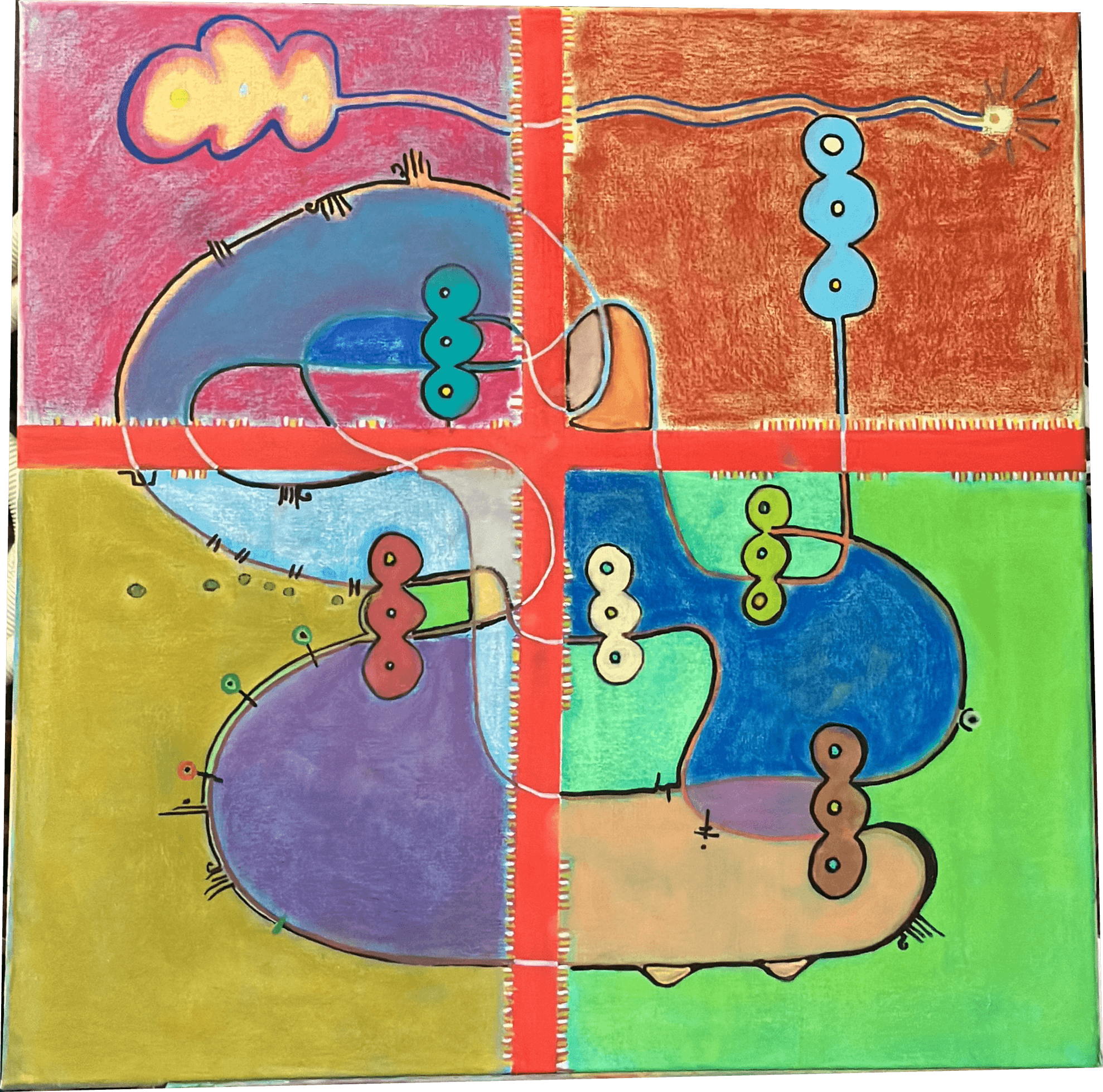 Pintura abstrata 'Do Entre' dividida em quatro quadrantes (rosa, terracota, amarelo e verde) por uma cruz vermelha que lembra uma costura. Formas orgânicas azuis e roxas fluem através das divisões, conectadas por linhas finas e pequenos círculos empilhados.