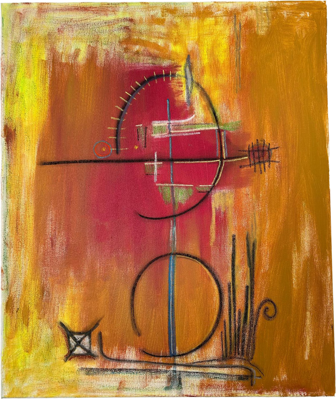 Pintura vertical de técnica mista, sobre um fundo amarelo-alaranjado texturado e luminoso que evoca a luz do devir. A composição é atravessada verticalmente por uma linha negra fina e vibrante, que não delimita contornos, mas sugere um passo ou trajeto em movimento. À esquerda, uma figura antropomórfica esquemática, construída com ângulos geométricos em tons de verde-musgo e castanho, parece caminhar ou carregar uma estrutura. Ao redor desta presença, flutuam formas dispersas — círculos, triângulos e linhas finas interligadas por pontos — que funcionam como estações de um percurso intelectual. A obra manifesta o próprio ato de pensar como um itinerário vivo, onde o universo é construído passo a passo através do gesto e do movimento.
