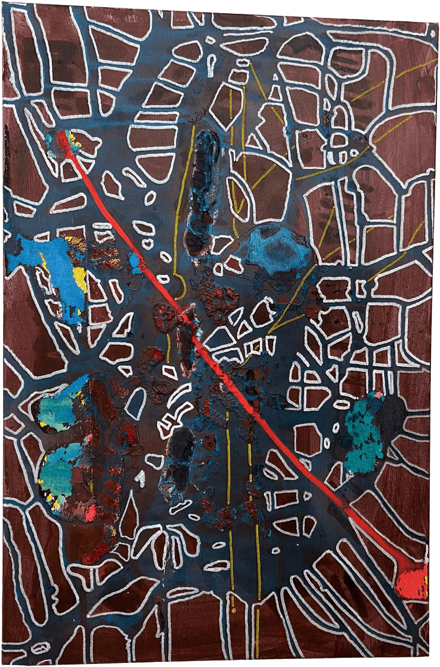 Pintura abstrata 'Entre o Caos e a Geometria do Espírito'. Sobre um fundo escuro coberto por uma rede irregular de linhas brancas e manchas azul-turquesa, uma linha vermelha vibrante corta a composição na diagonal como um raio.