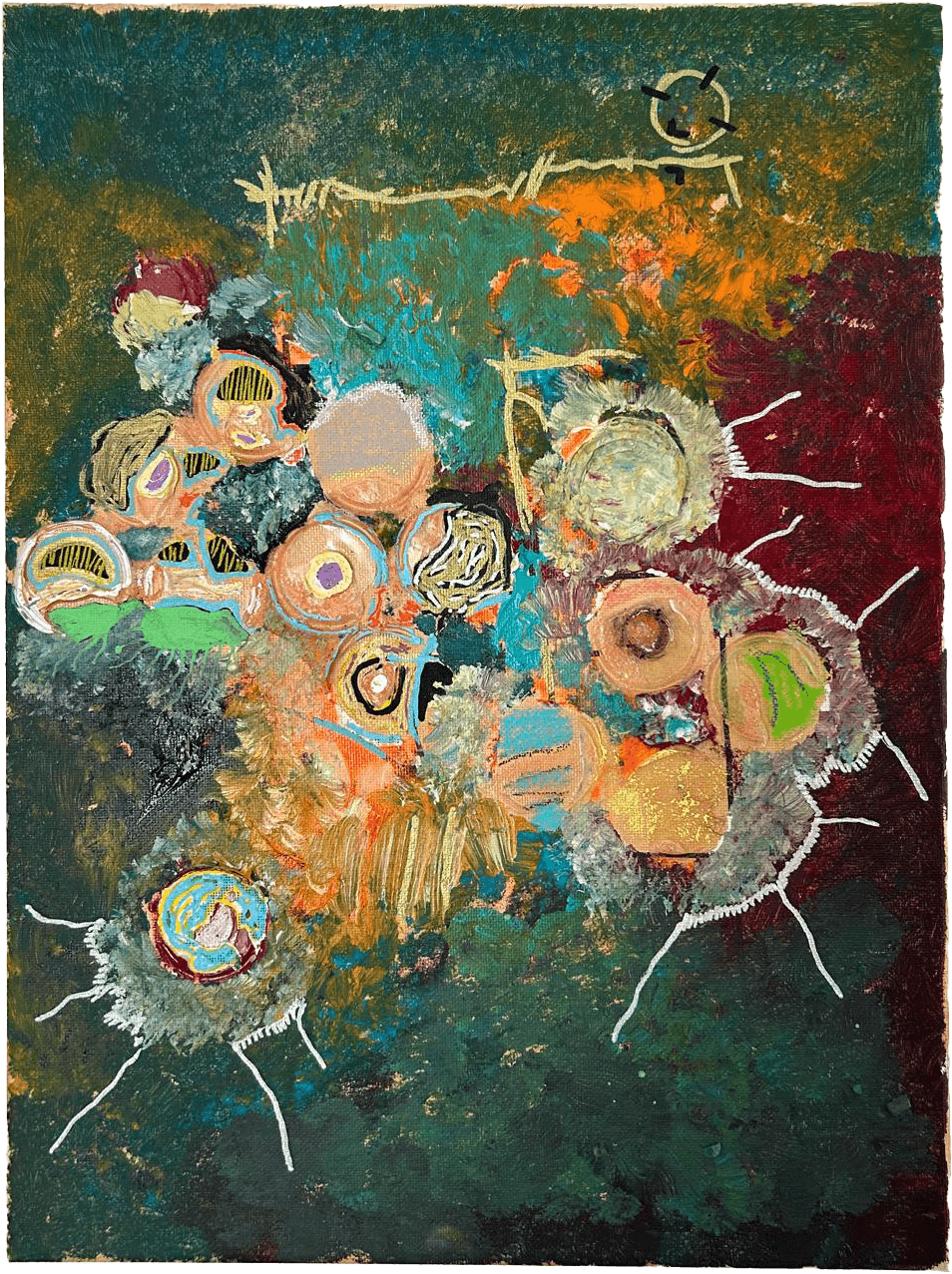 Pintura abstrata vertical sobre um fundo escuro e texturado em tons de verde profundo e bordeaux. Ao centro, destaca-se um aglomerado denso de formas orgânicas circulares em tons de pêssego, laranja, azul e verde, que se assemelham a células agrupadas. A partir destas formas, espalhadas pelas bordas, ramificam-se finas linhas brancas que lembram raízes ou nervuras. No terço superior, flutua um traço horizontal esquemático amarelo com um pequeno círculo escuro.