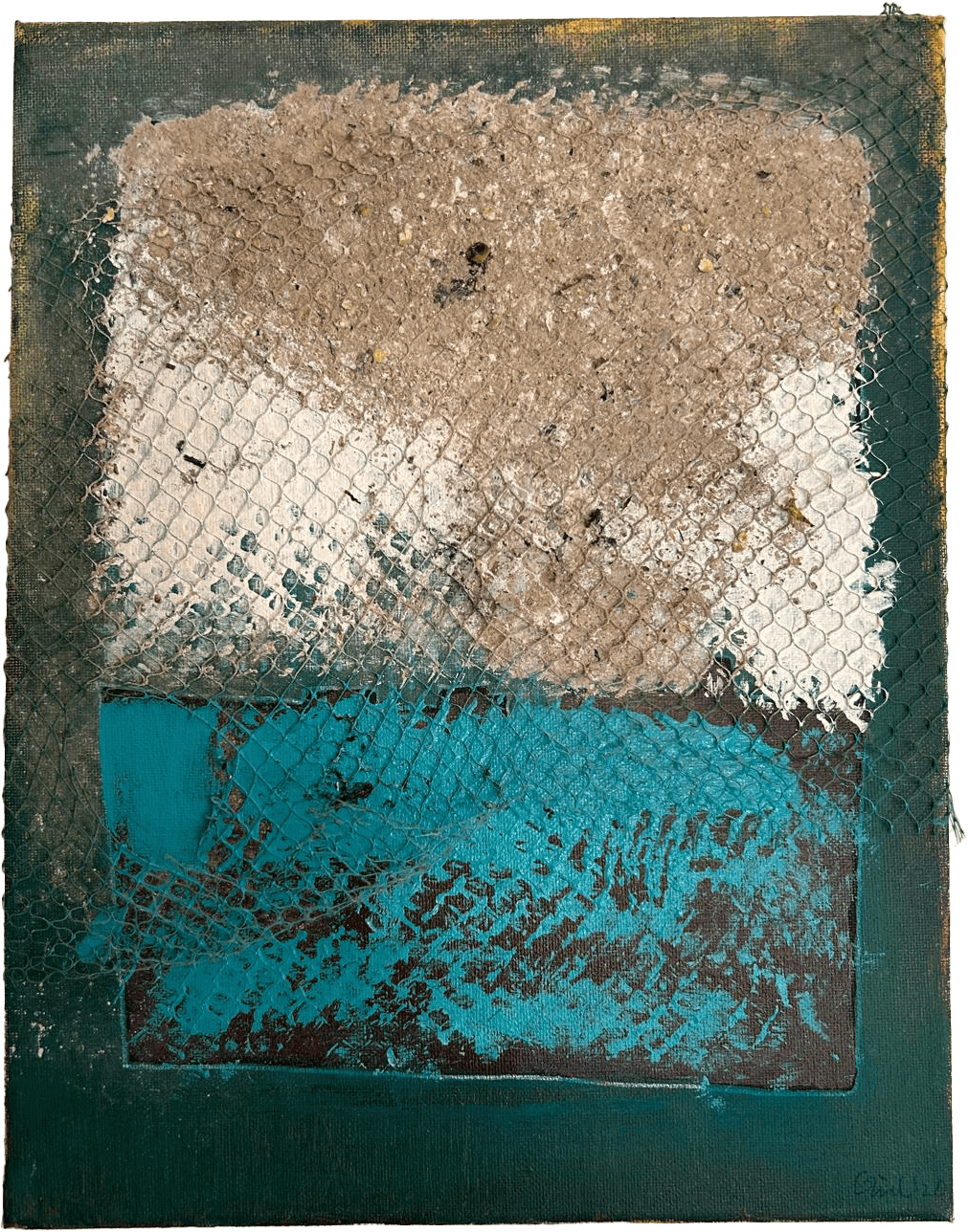 Pintura de técnica mista 'Conatus' (35x27cm). A metade superior tem uma textura rugosa e espessa em tons de bege e branco; a metade inferior é azul-turquesa vibrante. Uma rede metálica verde cobre toda a superfície texturada.
