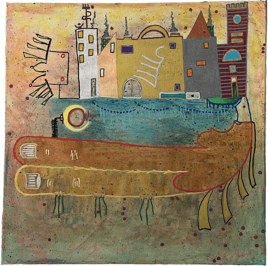 Quadro A Cidade como Corpo 60x60cm. Obra de arte mista que funde arquitetura e anatomia humana, representando a cidade como um organismo vivo em fundo ocre e texturado.