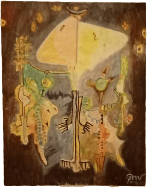 Pintura vertical de técnica mista, sobre um fundo castanho escuro e terroso que evoca um solo de intimidade. No centro da composição, ergue-se uma grande forma triangular e luminosa em tons de bege e amarelo pálido, assemelhando-se a um abraço cósmico ou a uma tenda espiritual. Esta forma central é flanqueada por figuras orgânicas e totémicas em tons de verde-musgo, ocre e terracota, que sugerem corpos e rostos em processo de fusão. Linhas esquemáticas pretas desenham mãos e braços que se entrelaçam no eixo central, enquanto pequenos símbolos estelares pontuam o fundo escuro. A obra captura o instante vibrante de um encontro profundo, onde a individualidade se dissolve numa unidade sagrada sem perder a sua essência singular.