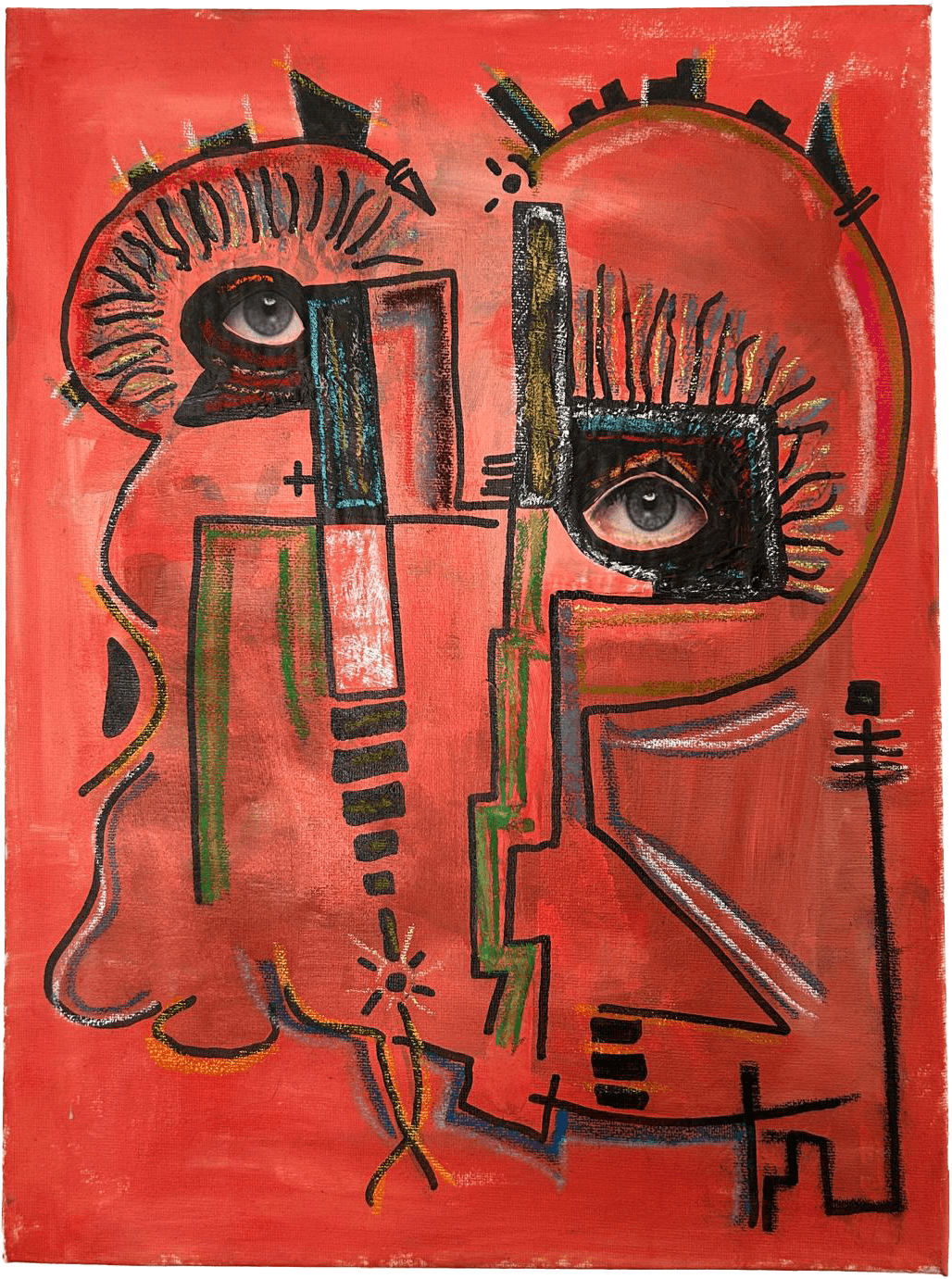 Uma pintura vertical expressionista de técnica mista, '', sobre um fundo vermelho intenso e texturado com pinceladas gestuais. No centro, ergue-se uma figura totémica e fragmentada preenchida com laranja vibrante. No topo da figura, dois grandes círculos concêntricos pretos e brancos, desalinhados e evocando olhos fixos, funcionam como portais e abismos. O corpo da figura é rugoso, atravessado por marcas pretas e brancas, e tem uma fenda vermelha no peito. No canto superior direito, um pequeno pássaro preto flutua sobre manchas azuis e verdes. A obra, com a sua intensidade cromática e olhos gritantes, invoca o ato de olhar como um gesto de entrega e oração visual.