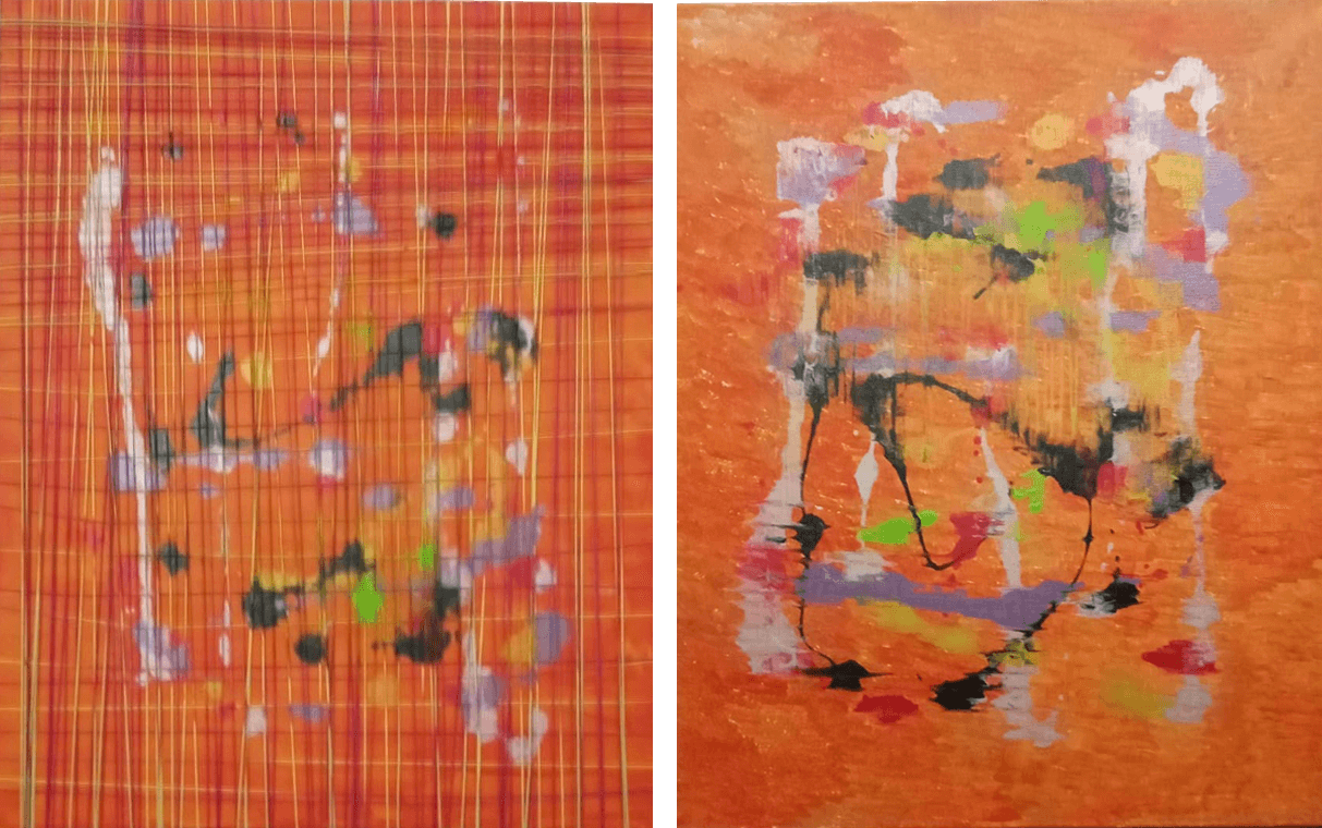 Díptico de pinturas verticais abstratas intitulado 'Espelho'. Ambas as telas partilham um fundo laranja vibrante e saturado que evoca uma luz interior intensa. Na tela da esquerda, uma grelha densa de finas linhas verticais e horizontais em tons de amarelo e vermelho cria uma textura vibratória, sobre a qual flutuam manchas orgânicas e translúcidas de branco, lilás, verde e preto. Na tela da direita, o fundo laranja é mais matérico e menos linear; a composição central é um aglomerado de pinceladas expressivas e respingos de cores variadas (branco, verde-limão, rosa, preto e violeta) que parecem emergir de um núcleo central, sugerindo uma silhueta energética ou um reflexo dinâmico em constante movimento.