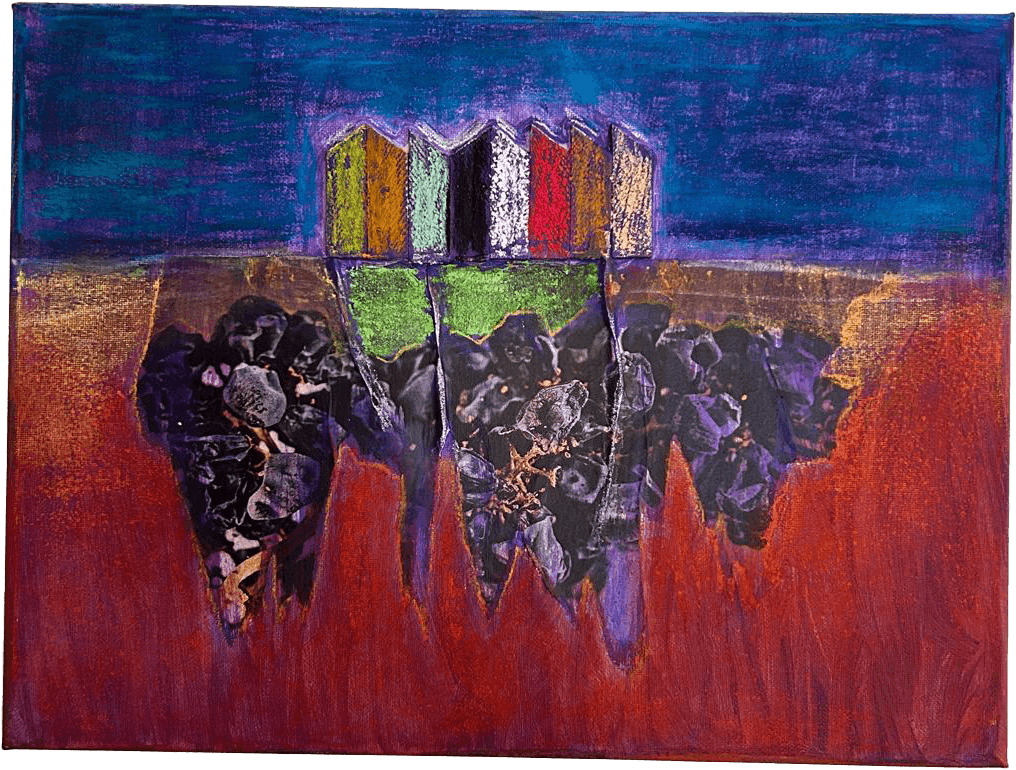 Pintura de técnica mista 'O Ser como Fratura Luminosa'. A obra divide-se entre um topo azul profundo e uma base vermelho terracota. No horizonte central, alinham-se blocos geométricos coloridos (amarelo, verde, branco, vermelho). Abaixo deles, uma fenda irregular revela texturas escuras e rochosas, criando uma fratura na superfície vermelha.