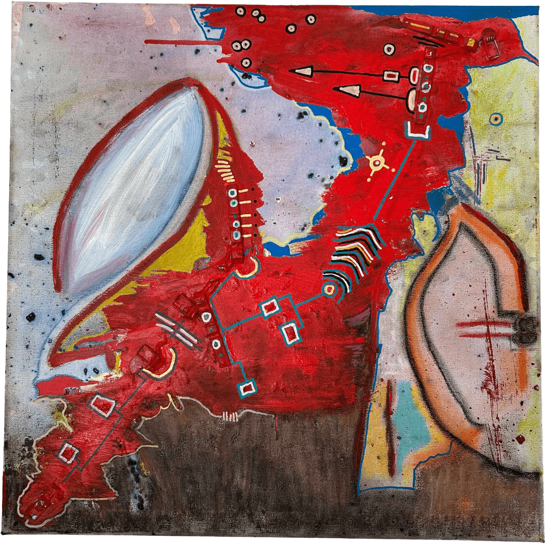 Pintura vertical de técnica mista abstrata, sobre fundo texturado cinza terroso com marcas esquemáticas pretas e brancas e pontos dourados. Uma coluna central totémica e fragmentada é composta por blocos sobrepostos em carmesim incandescente, castanho-terra e turquesa. Linhas vermelhas horizontais e verticais ásperas 'derramam-se' pela composição. Fortes linhas negras cortantes e irregulares moldam a forma superior, evocando veias cortadas e espasmos, terminando numa estrutura de antena com duas formas escuras no topo.
