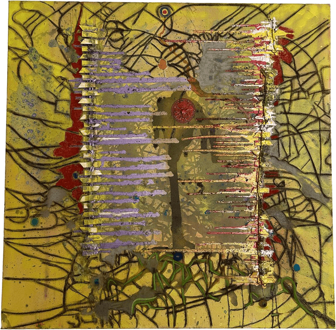 Pintura de técnica mista e colagem vertical expressionista, representando uma figura feminina de estilo ingénuo, evocando Frida Kahlo. A figura está fragmentada, com o corpo rachado e a coluna vertebral exposta, revelando estruturas internas em tons de vermelho sangue, amarelo e turquesa. A cabeça, com cabelo escuro e tranças com flores, fita o espectador. A figura está sobre uma cama de metal texturada com colagens de tecidos estampados com flores e caveiras. O fundo é texturado em amarelo incandescente e castanho terroso, com marcas esquemáticas pretas, uma moldura vazia com espelho e uma mão/antena com um laço vermelho.