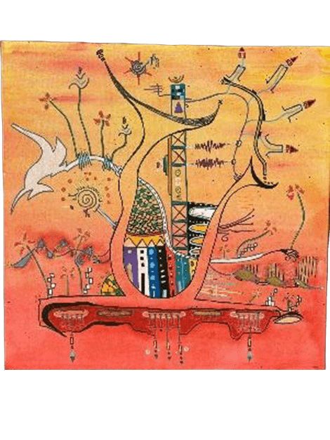 Pintura expressionista em técnica mista sobre papel artesanal. Uma massa vermelha bruta forma a base de onde se erguem estruturas pretas totémicas com janelas azuis profundas. Linhas pretas sinuosas brotam para cima com terminações florais amarelas. No canto superior esquerdo, voa um abstrato de uma ave.