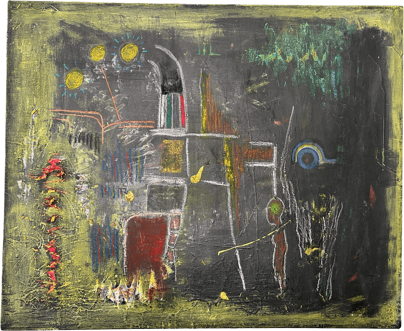 Pintura horizontal de técnica mista, sobre um fundo negro profundo e densamente texturado, emoldurado por uma orla verde-oliva. A composição é um aglomerado esquemático de linhas brancas que sugerem estruturas precárias ou habitações em ruínas. À esquerda, destaca-se uma coluna de manchas vermelho-sangue em alto-relevo, enquanto no canto superior esquerdo flutuam três círculos amarelos como sóis distantes. No centro, pequenas formas sugerem figuras humanas estilizadas e elementos simbólicos em amarelo e turquesa. À direita, uma pequena silhueta antropomórfica castanha com um núcleo verde parece observar o caos. A obra funciona como uma proclamação visual de resistência, onde a desordem das formas e a crueza da textura manifestam a urgência de um corpo que exige ser visto e reconhecido.