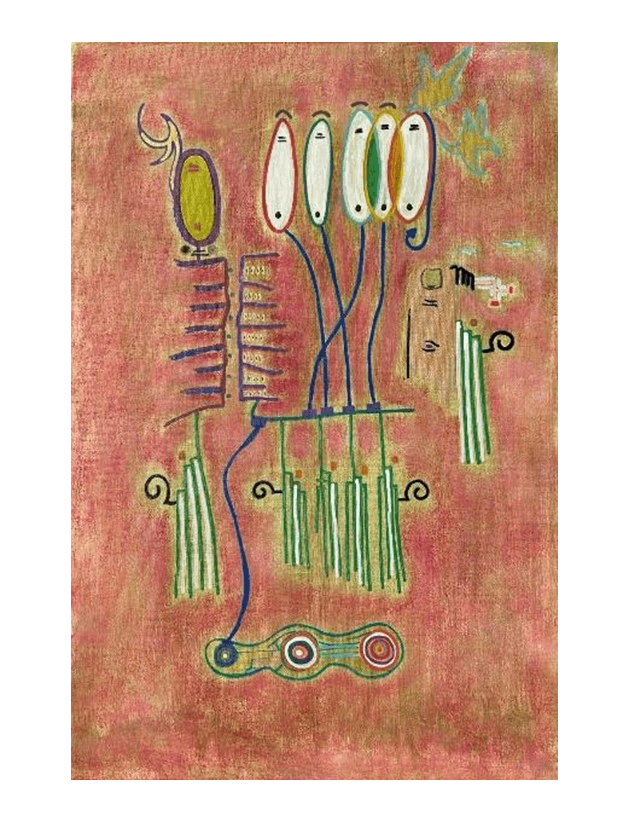 Pintura vertical abstrata de técnica mista, ''. Numa superfície de fundo rosa-terroso e ocre desgastado que transita para um dourado metálico texturado e degradado nas bordas, a composição central é um intrincado circuito de linhas pretas que se entrelaçam. Vários 'olhos' estilizados flutuam na rede, desenhados com contornos pretos e interiores brancos ou coloridos. As linhas formam estruturas glíficas que sugerem traços de circuito, uma mão e escadas simbólicas, com pequenas manchas de laranja vivo dispersas. A textura é gestual e expressiva sobre o material.
