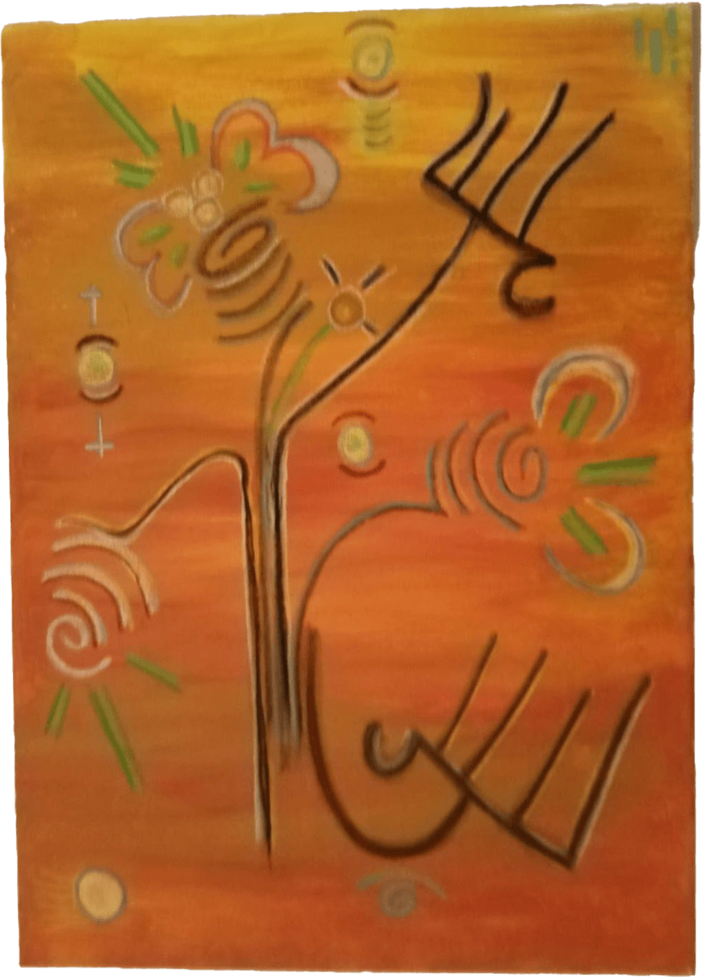 Pintura vertical de técnica mista, sobre um fundo intensamente vibrante em tons de laranja e ocre, que evoca uma luz interior quente. A composição é dominada por linhas pretas e castanhas que se ramificam como tendões ou raízes a partir de um eixo central, terminando em formas que sugerem mãos em garra ou símbolos rítmicos. Espirais expressivas e círculos que lembram olhos ou células em movimento pontuam a tela, acompanhados por pequenos traços verdes e rosados. A obra não é uma forma fixa, mas um registo do ritmo vital, onde cada linha e curva traduz uma energia pulsante que convida à dança e à percepção do corpo como um fluxo contínuo de vida.