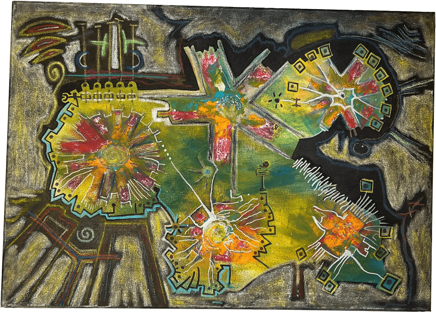 Pintura horizontal de técnica mista, que representa uma explosão de energia e caos. No centro, um núcleo alaranjado vibrante assemelha-se a uma estrela ou embrião, do qual partem linhas negras profundas e irregulares que atravessam a tela como fendas ou ruturas. Ao redor do centro, blocos de cor intensa em tons de azul, amarelo, rosa e castanho chocam-se e fundem-se, pontuados por salpicos brancos que sugerem pó estelar. A obra captura o esforço do cosmos por existir através de um desequilíbrio dinâmico, onde a criação e a destruição coexistem numa agitação primordial.