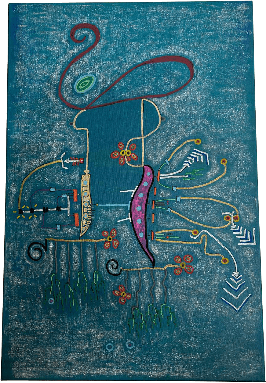 Pintura abstrata vertical sobre um fundo turquesa texturado. Uma forma ramificada, que evoca um corpo ou território, é delineada a preto. O tronco central é azul-índigo com pontos azuis. No topo, há um formato de cérebro laranja e uma espiral azul. Numerosas setas vermelhas e verdes apontam para dentro e para fora, e raízes estendem-se para a base.