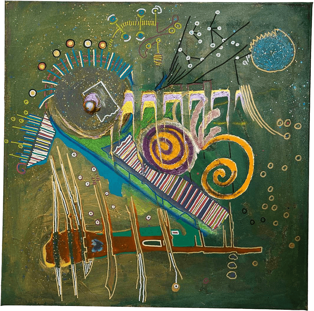 Pintura abstrata 'A Imanência do Instante' sobre fundo verde escuro. A composição inclui um círculo radiante com espigões no canto superior esquerdo, espirais roxas e laranjas no centro e uma barra diagonal listrada. Na base, formas verticais castanhas erguem-se sob linhas brancas finas que conectam pontos como constelações.