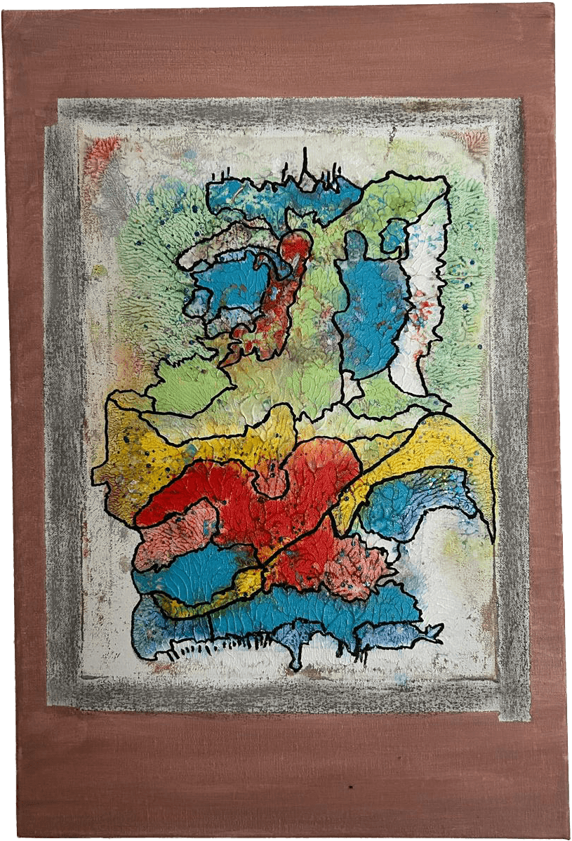 Pintura vertical 'O Acaso como Razão de Ser'. Uma moldura pintada em tom terracota envolve uma composição central sobre fundo claro. O núcleo é uma forma orgânica e rugosa, semelhante a um mapa colorido em vermelho, azul, amarelo e verde, recortado por linhas pretas sinuosas que lembram veias.