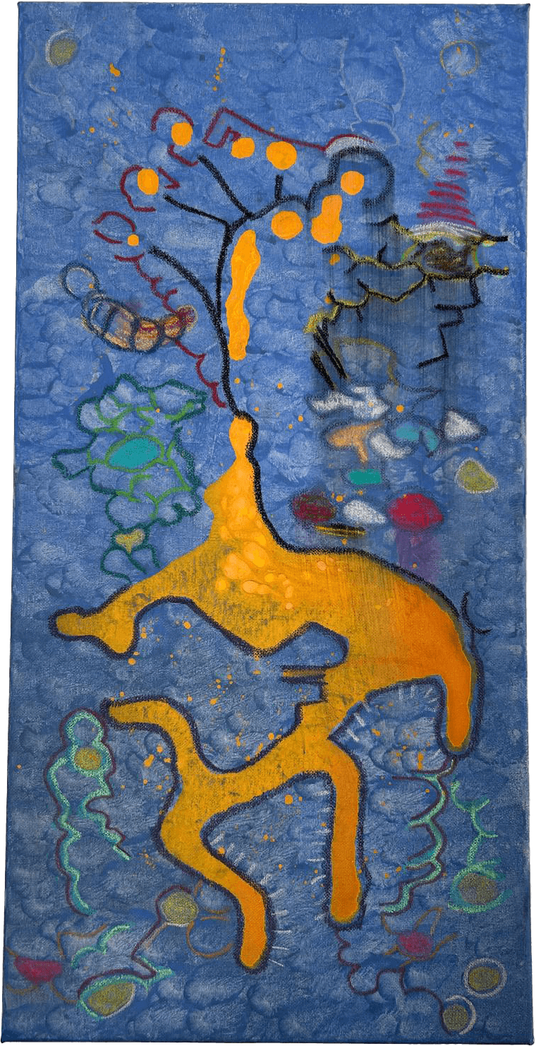 Pintura vertical com fundo azul texturado e pontilhado, apresentando uma forma central amarela orgânica que se assemelha a uma figura em movimento ou um ideograma.