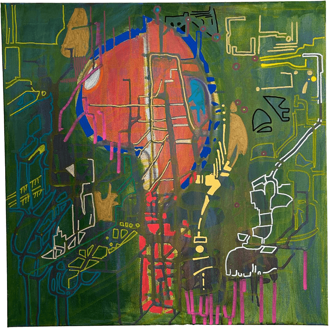 Pintura abstrata com fundo verde vibrante, sobreposto por uma grande forma central avermelhada e uma rede densa de linhas geométricas brancas, douradas e azuis.