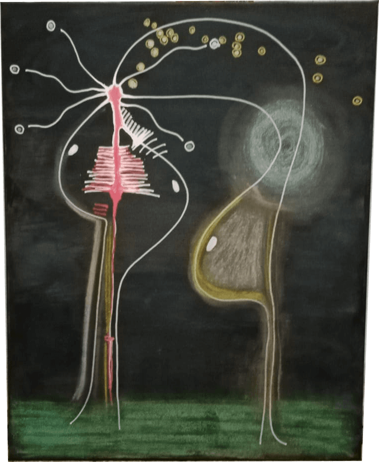 Pintura vertical de técnica mista, sobre um fundo negro profundo que sugere uma matriz do invisível. A composição assenta sobre uma base verde texturada de onde emergem duas estruturas lineares brancas e finas que se elevam como caminhos de consciência. À esquerda, uma forma totémica com um núcleo vermelho vibrante ramifica-se em múltiplas linhas curvas, assemelhando-se a terminações nervosas ou centros de energia. À direita, uma silhueta espectral em tons de ocre e cinzento é encimada por um círculo de luz difusa e pálida. Pequenos pontos luminosos amarelos e brancos flutuam no topo, conectando as formas através de arcos invisíveis. A obra funciona como um mapeamento espiritual, onde a linha não delimita contornos, mas regista o fluxo e a tensão do ser em constante devir.